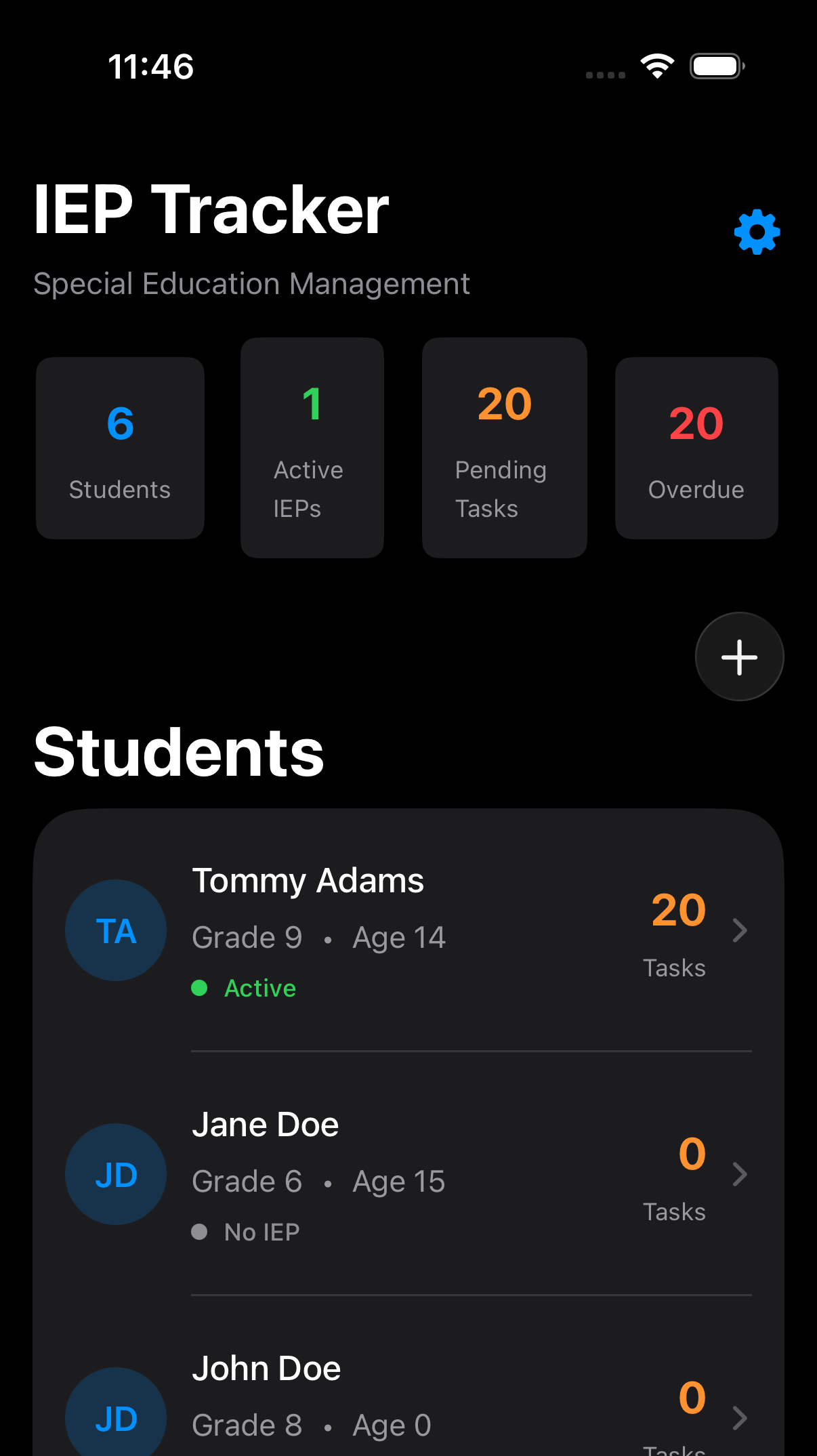 IEP Tracker mobile student list screen